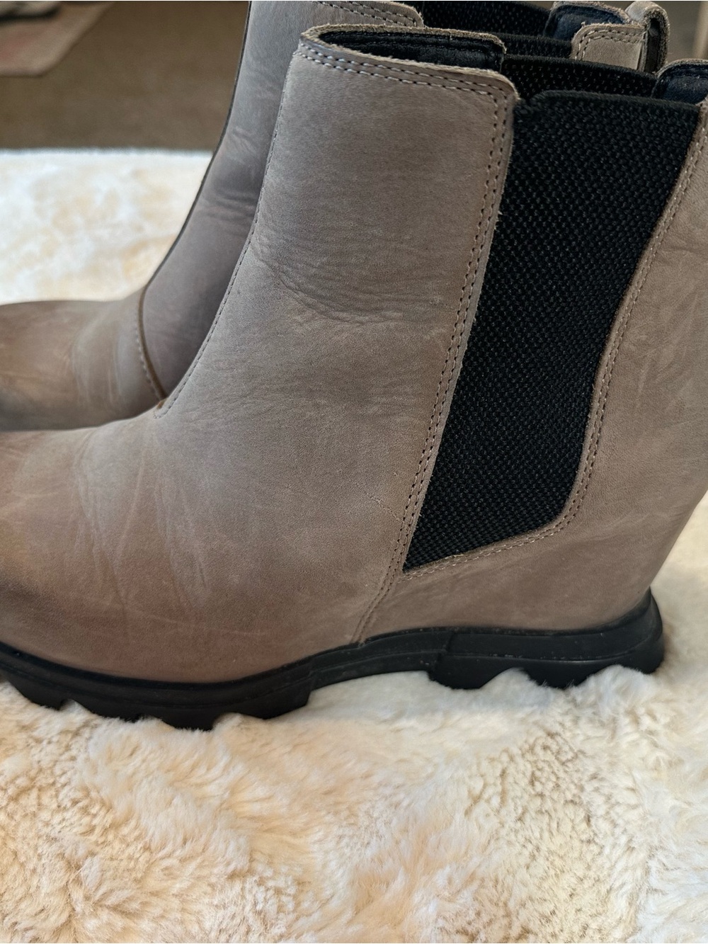 Sorel Taupe Chelsea Wedge Boots with Black Elastic Panels